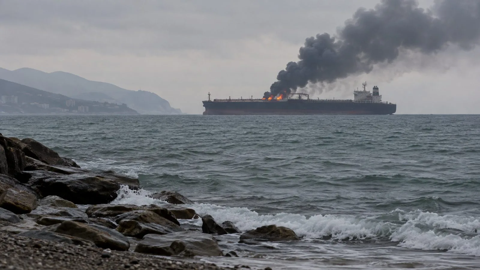 A damaged tanker burns offshore near Lazarevskoye on Russia’s Black Sea coast (AI-generated image / EconoTimes)