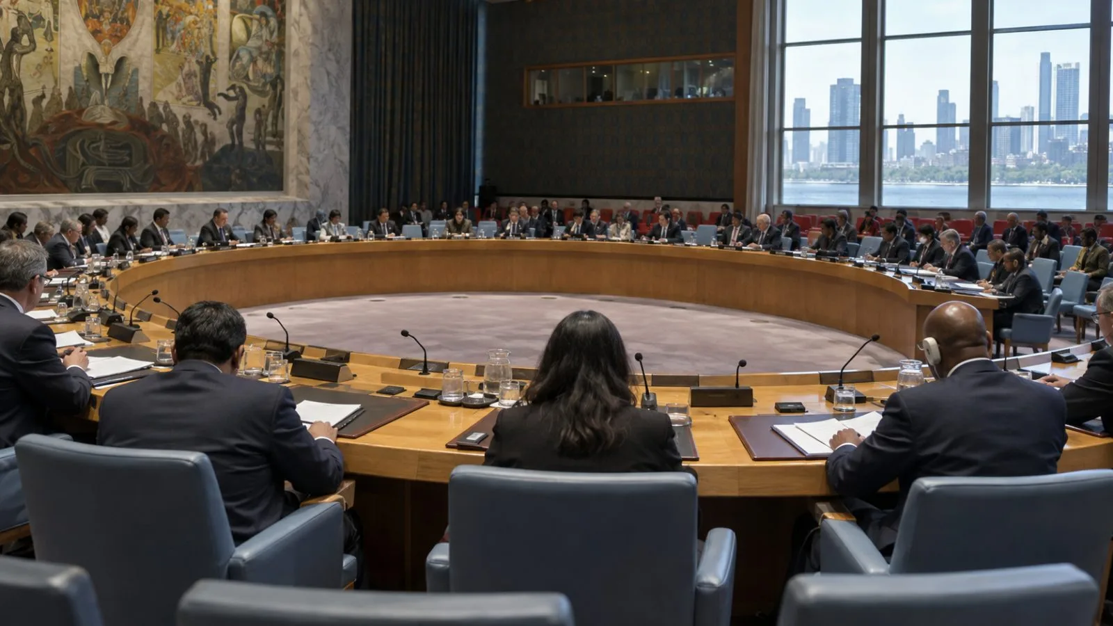 Diplomats meet in the United Nations Security Council chamber in New York. (AI-generated image / EconoTimes)