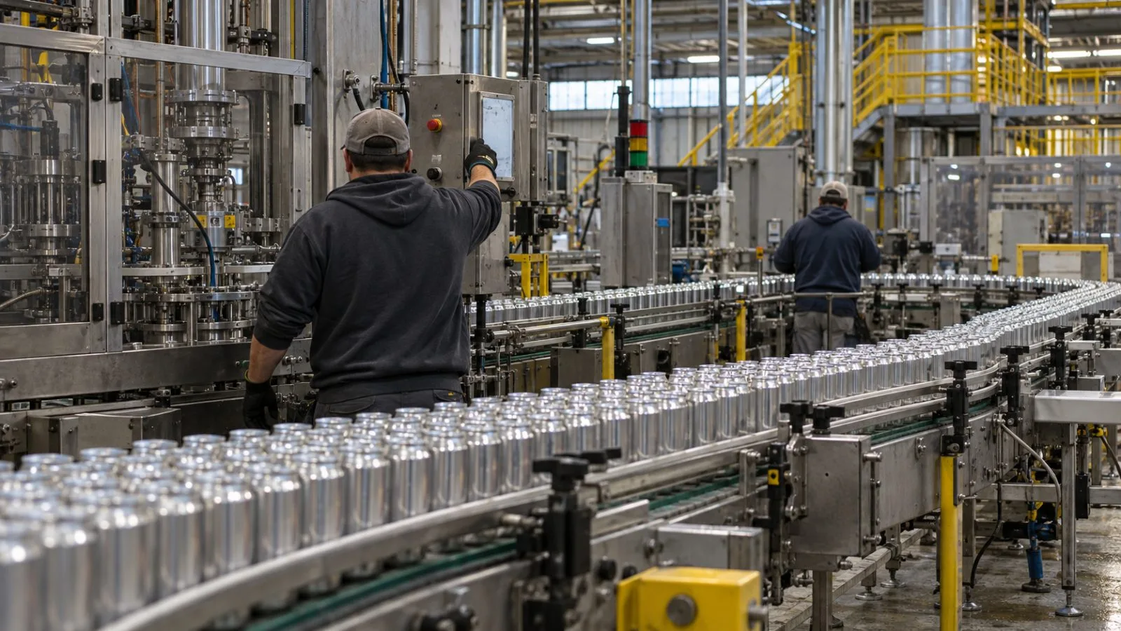 Aluminum beverage cans move along a production line in Nichols, New York. (AI-generated image / EconoTimes)