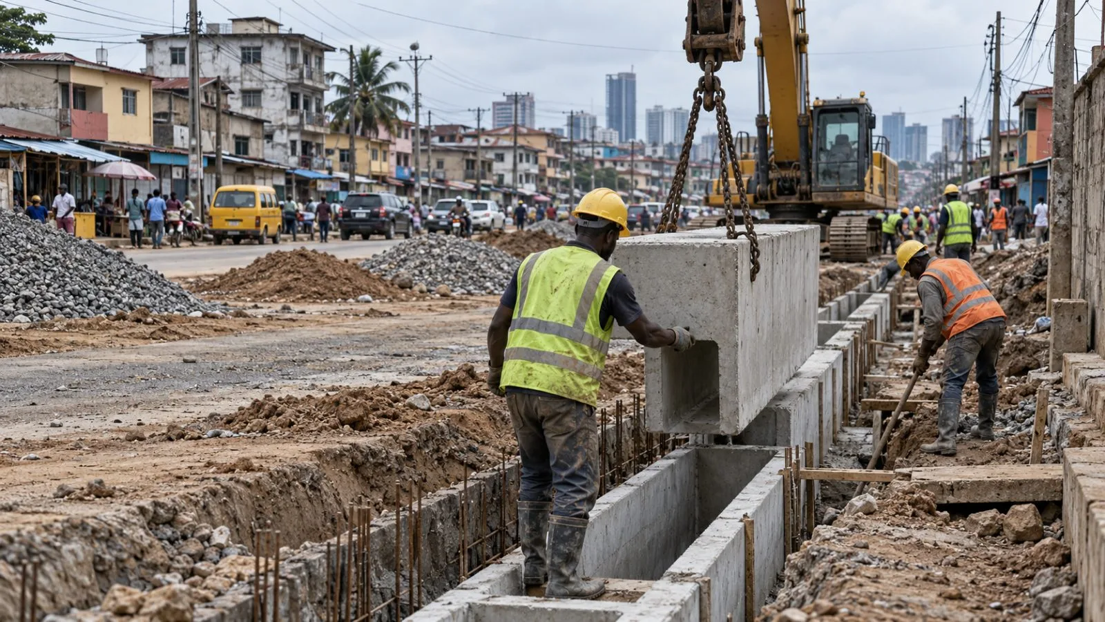 Road crews work beside an unfinished drainage channel at a construction site in Lagos, Nigeria (AI-generated image / EconoTimes)