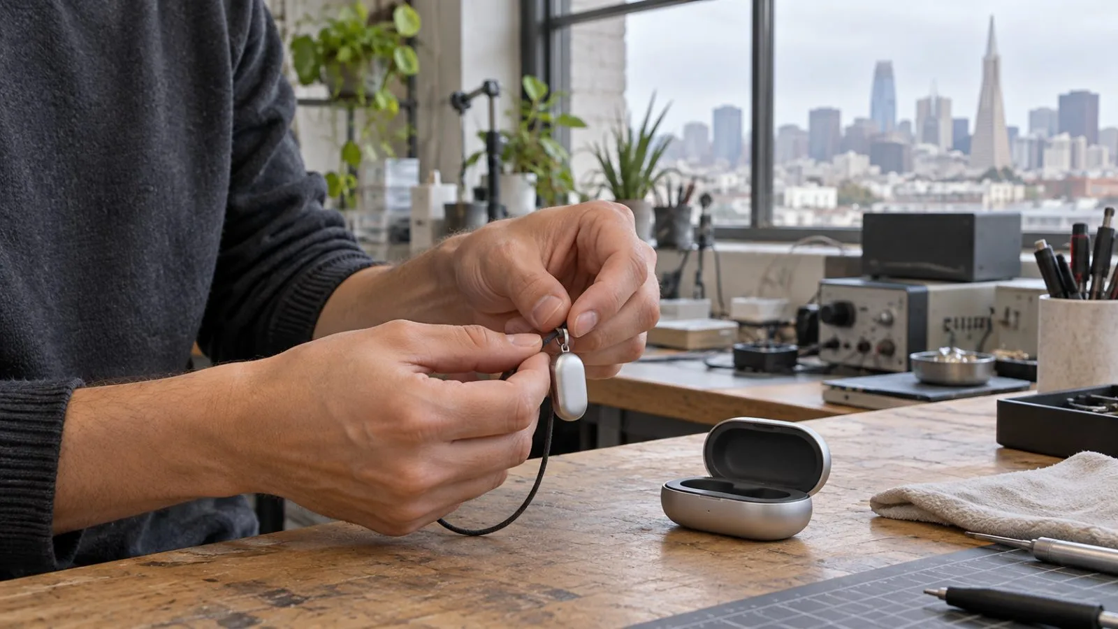 An AI pendant rests in an engineer’s hands during a product fitting in San Francisco, California. / EconoTimes.ai