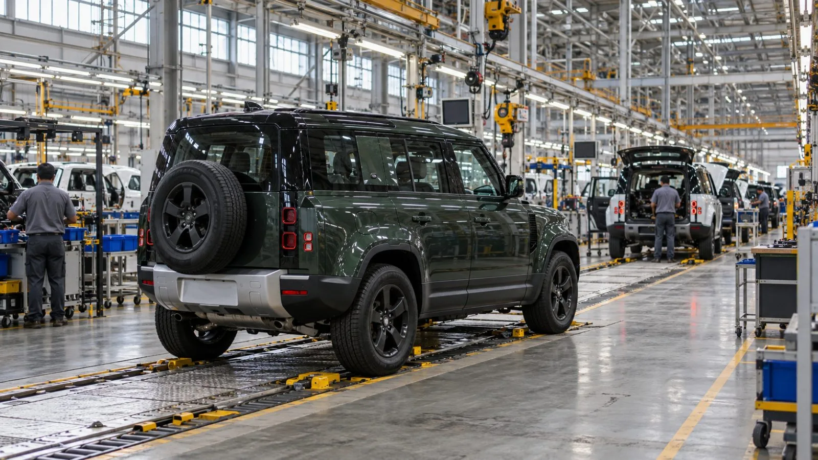 A Land Rover Defender moves through an assembly bay at a Pune automotive plant in India (AI-generated image / EconoTimes)