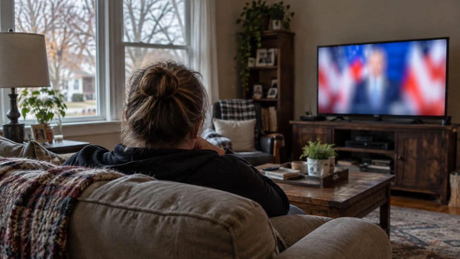 Campaign footage plays on a television in a Columbus, Ohio, living room. (AI-generated image / EconoTimes)
