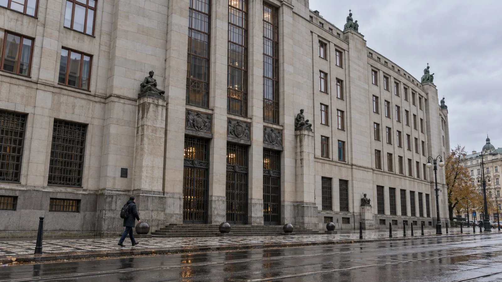 An autumn commuter passes the Czech National Bank in Prague beneath an overcast sky. (AI-generated image / EconoTimes)