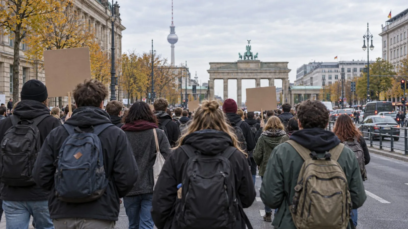 Young demonstrators gather on a central street in Berlin, Germany, before a planned march. (AI-generated image / EconoTimes)