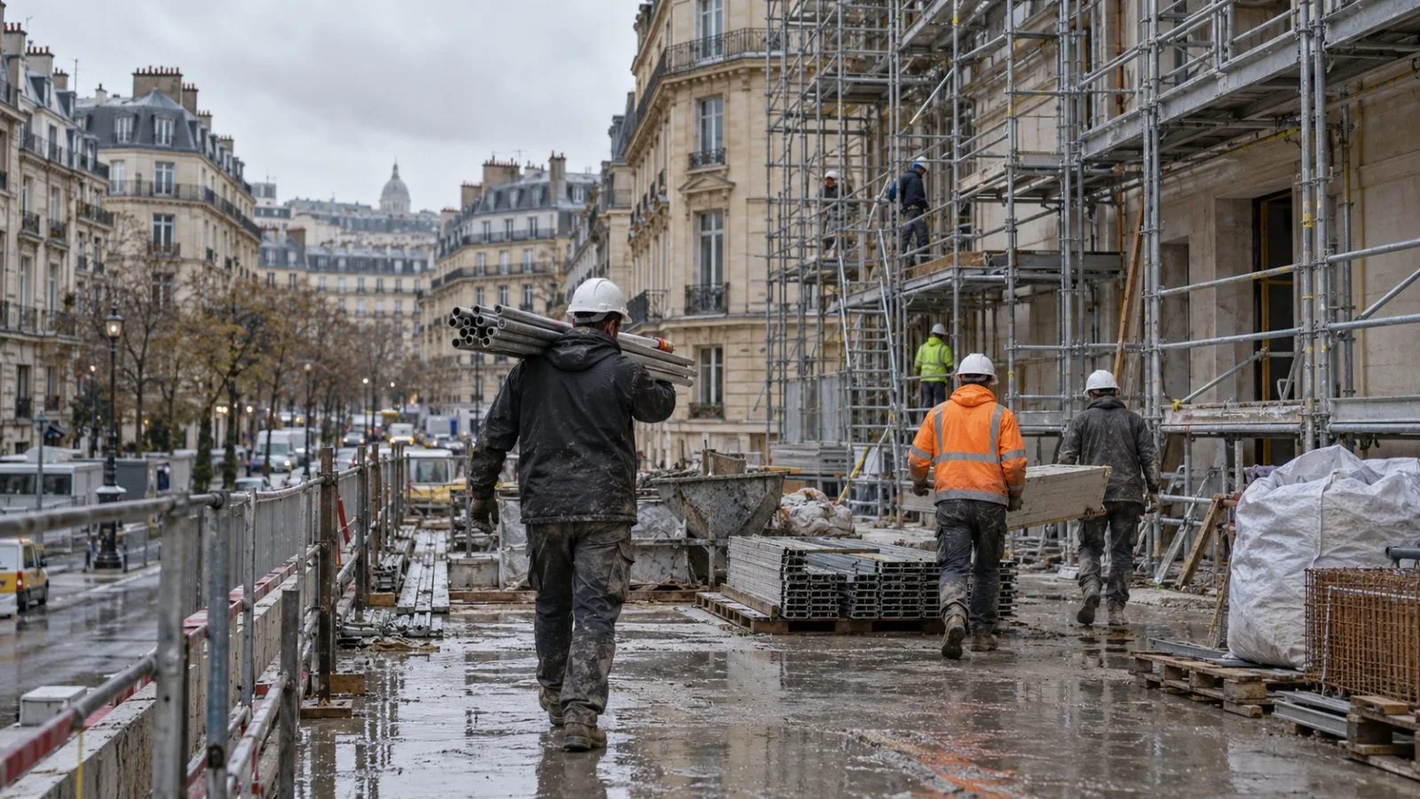 Workers move materials beside an unfinished apartment building at a residential construction site in Paris, France. (AI-generated image / EconoTimes)