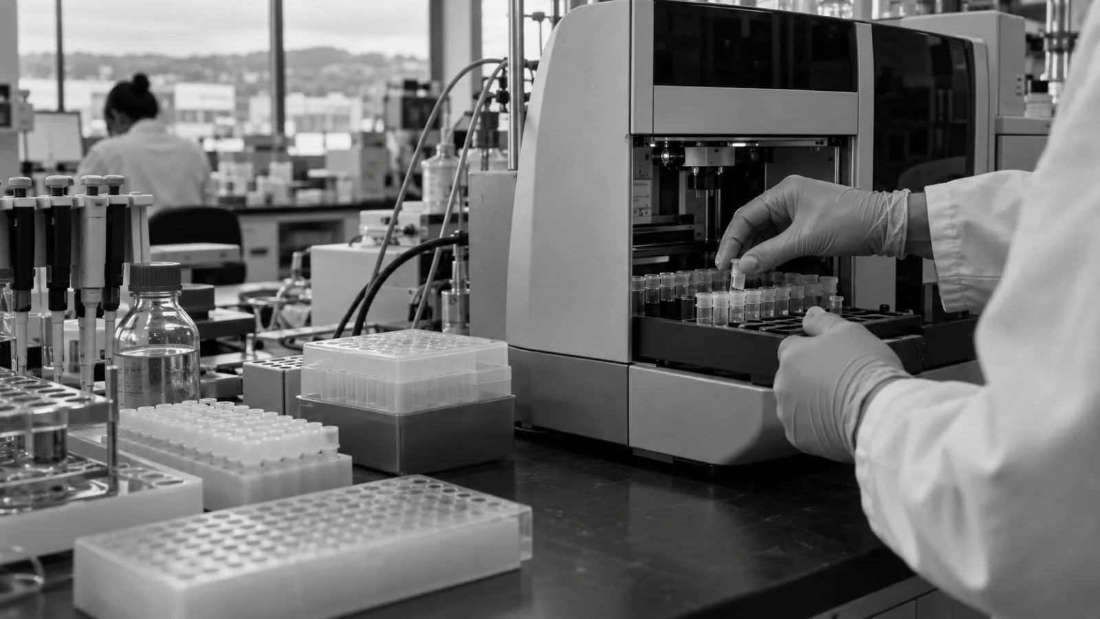 A technician handles sample tubes in a biotechnology laboratory in South San Francisco, California. (AI-generated image / EconoTimes)