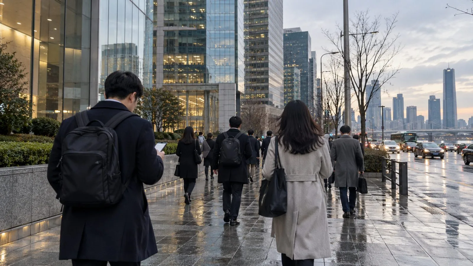 Commuters pass securities buildings in Seoul’s Yeouido financial district after rain. (AI-generated image / EconoTimes)