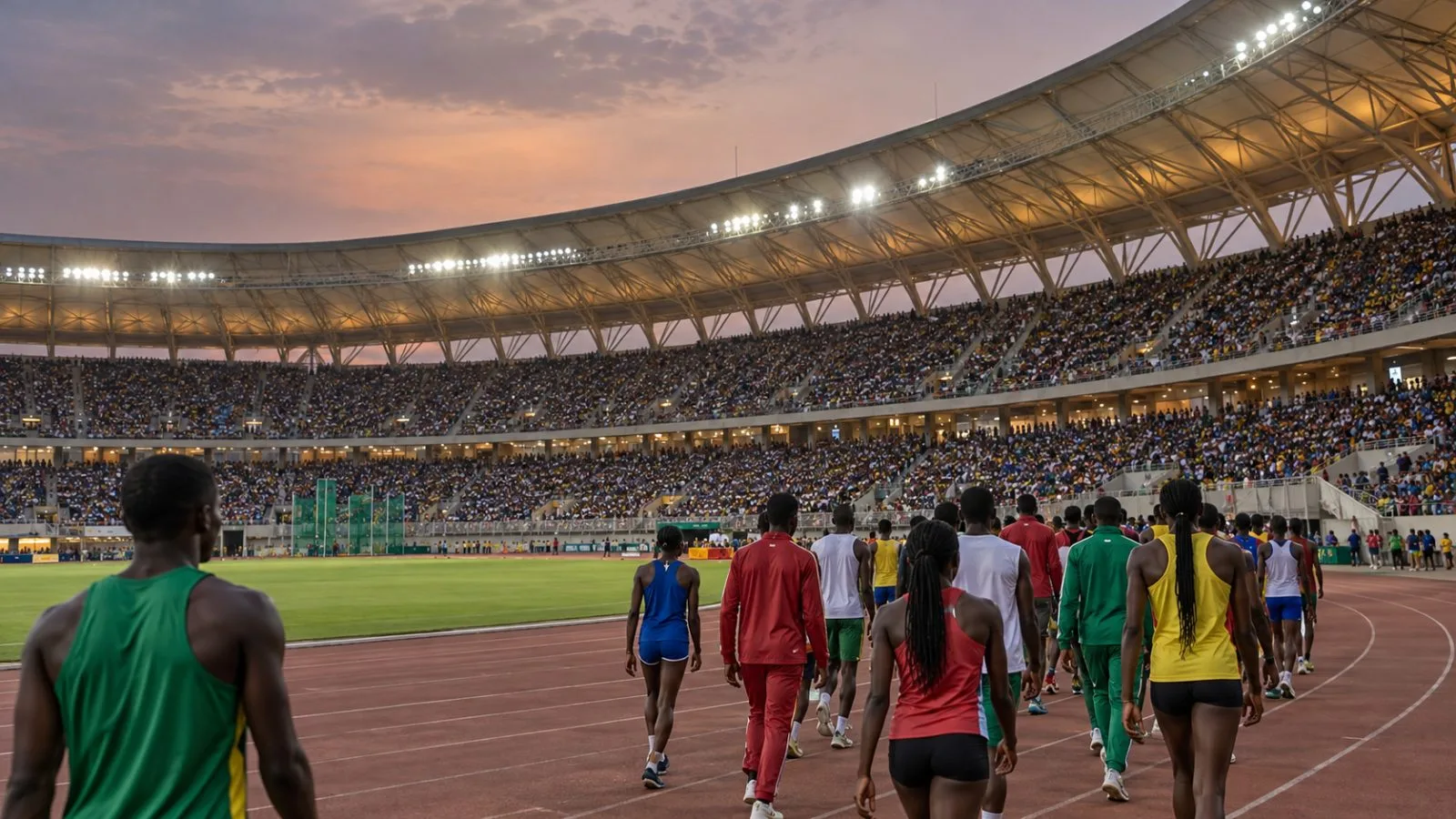 Athletes file toward the field at Abdoulaye Wade Stadium in Diamniadio, Senegal. (AI-generated image / EconoTimes)