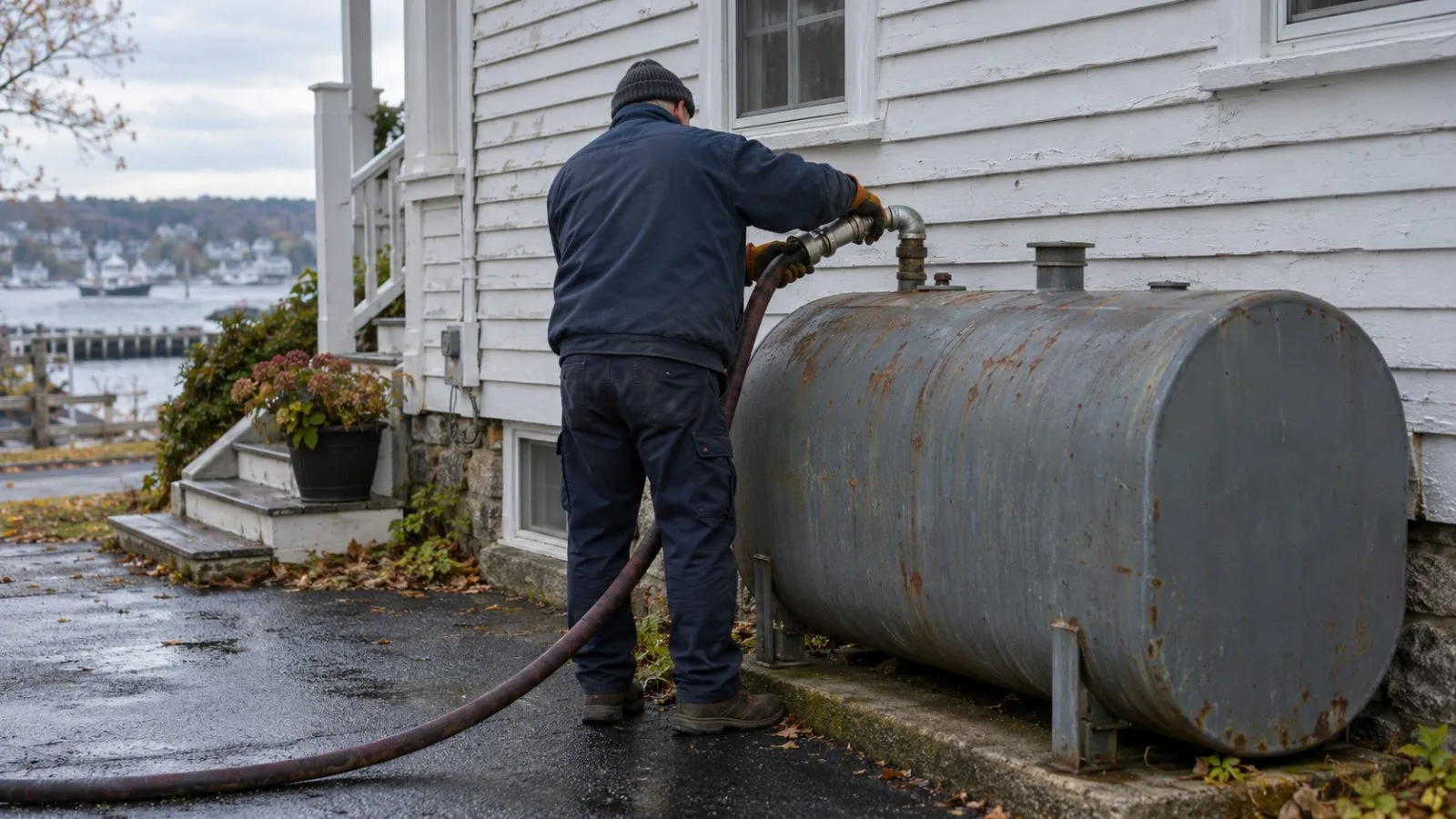 A heating-oil delivery worker connects a hose at a home in Portland, Maine. (AI-generated image / EconoTimes)