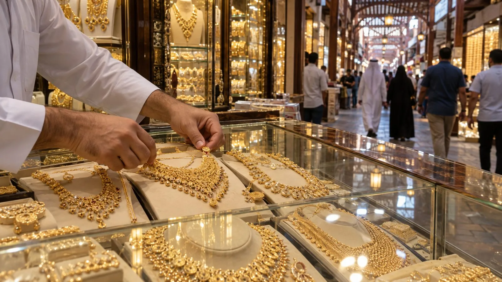 Gold jewelry fills a shop display at Dubai's historic Deira Gold Souk (AI-generated image / EconoTimes)