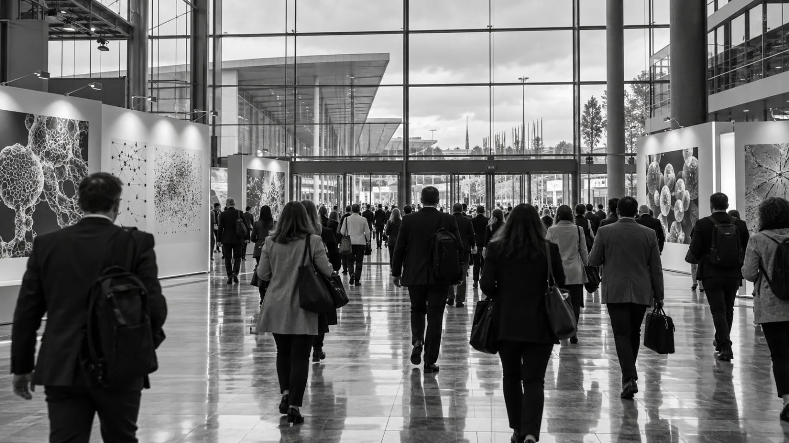 Workers enter a diagnostics manufacturing building in Penzberg, Germany, on an overcast morning. / EconoTimes.ai (mono)