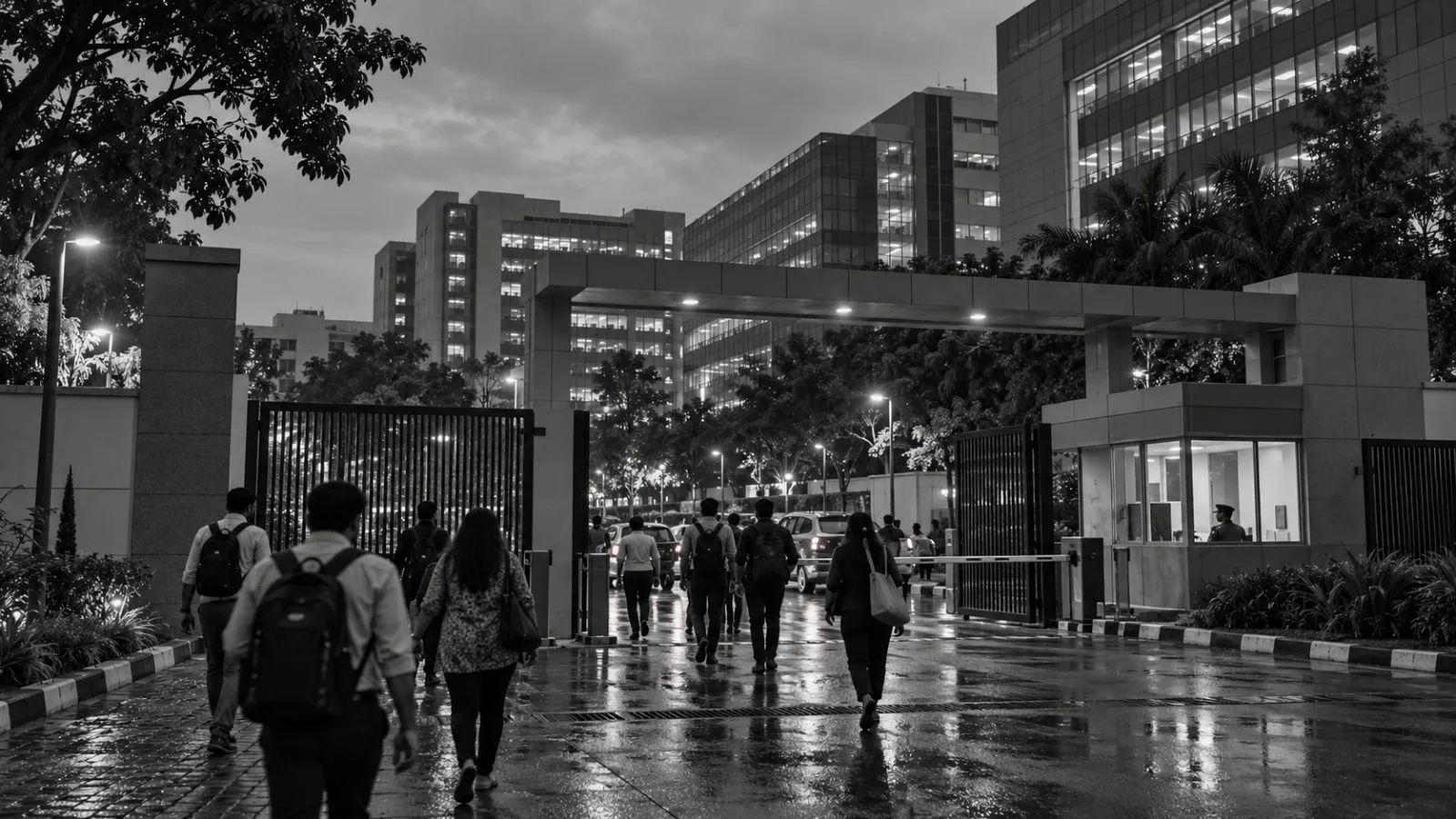 Employees leave an IT office campus in Bengaluru, Karnataka, at dusk. (AI-generated image / EconoTimes)