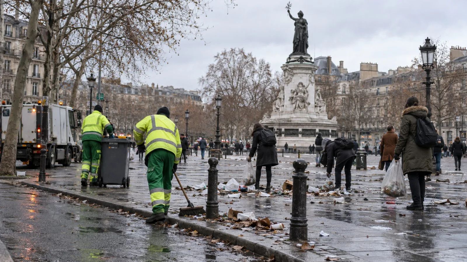 Residents and sanitation workers clear debris near Place de la République in Paris. (AI-generated image / EconoTimes)