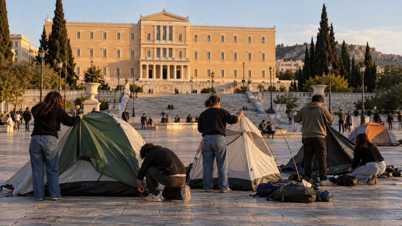 Tents stand in Syntagma Square outside the Greek parliament in Athens. (AI-generated image / EconoTimes)