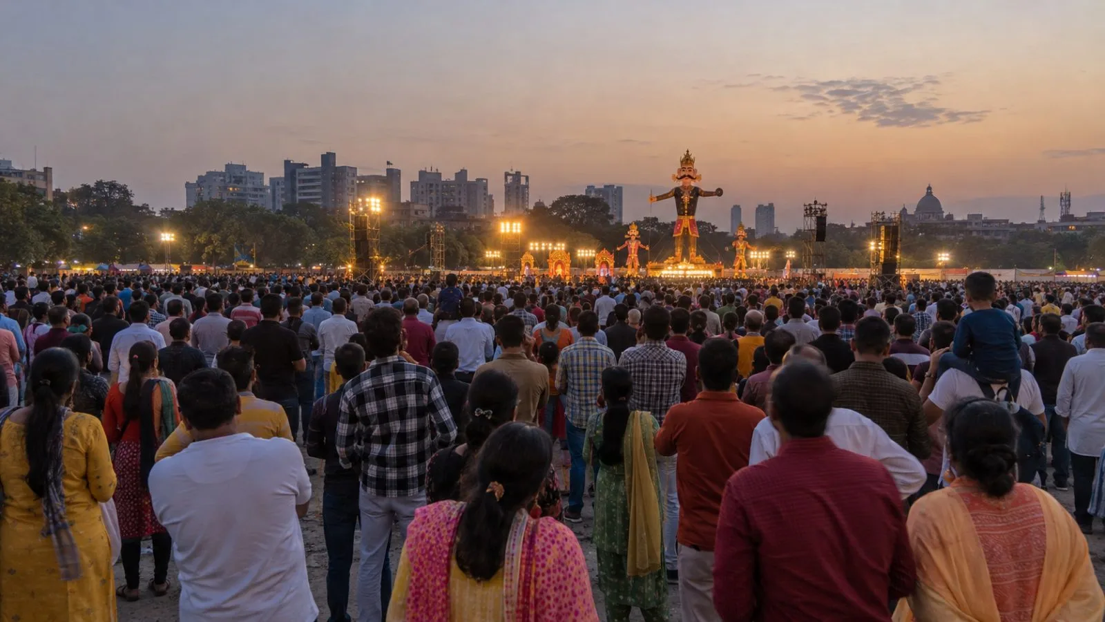 Spectators face an illuminated stage at a Dussehra gathering in Delhi, India. (AI-generated image / EconoTimes)