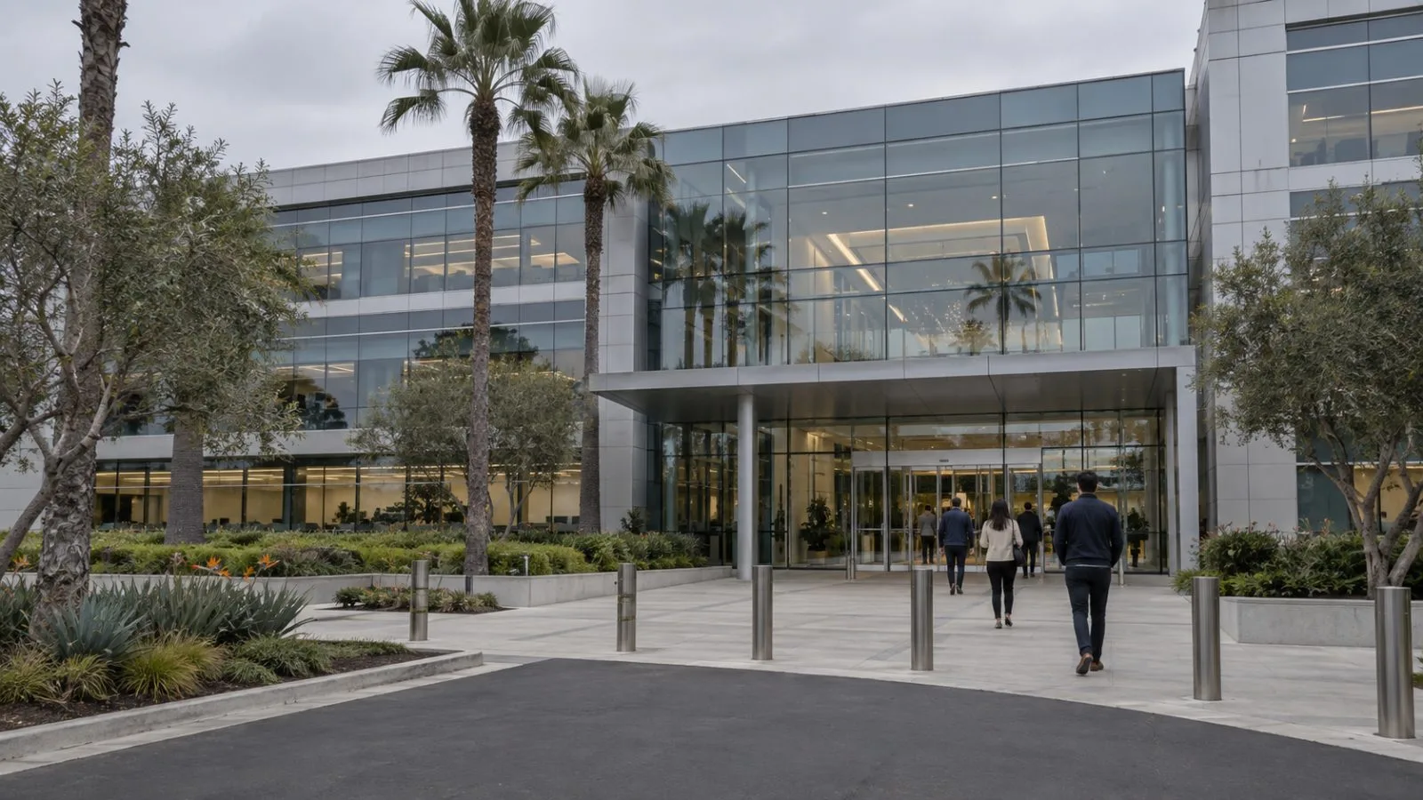 Hyundai Motor America's headquarters faces a tree-lined street in Fountain Valley, California. (AI-generated image / EconoTimes)