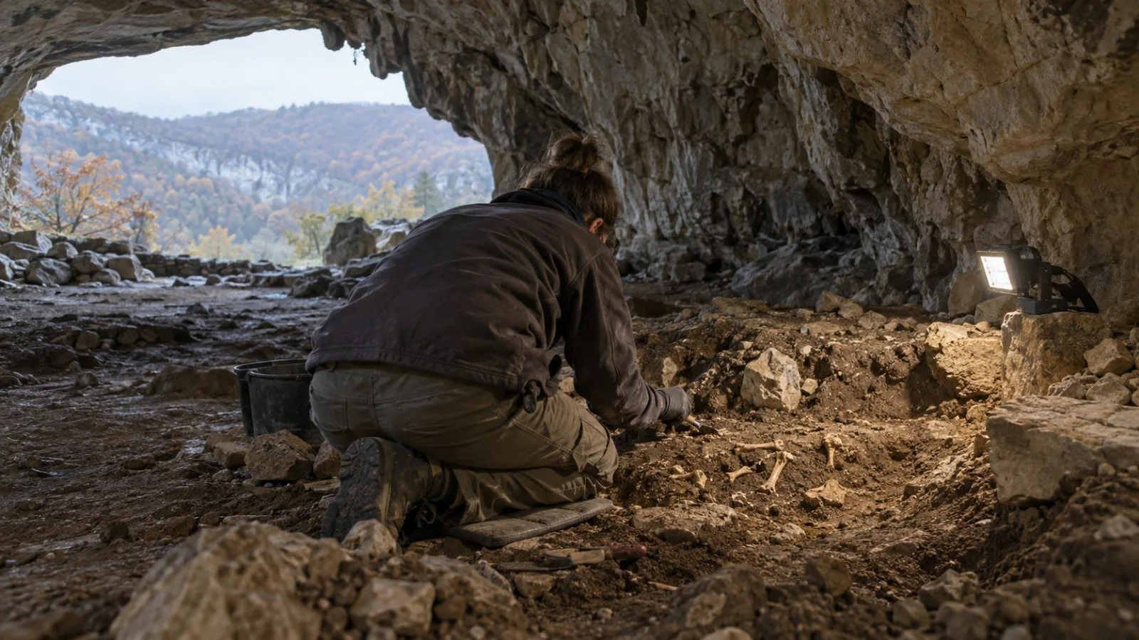 An archaeologist examines an excavation area inside Abauntz cave in Navarra, Spain. (AI-generated image / EconoTimes)