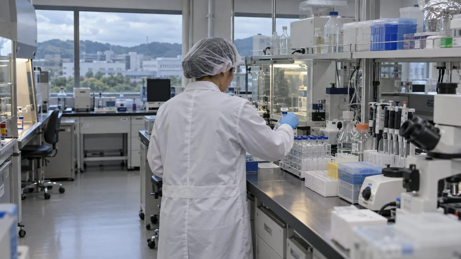 A laboratory worker places a sample vial in a rack at a biotechnology facility in Yongin, South Korea. (AI-generated image / EconoTimes)