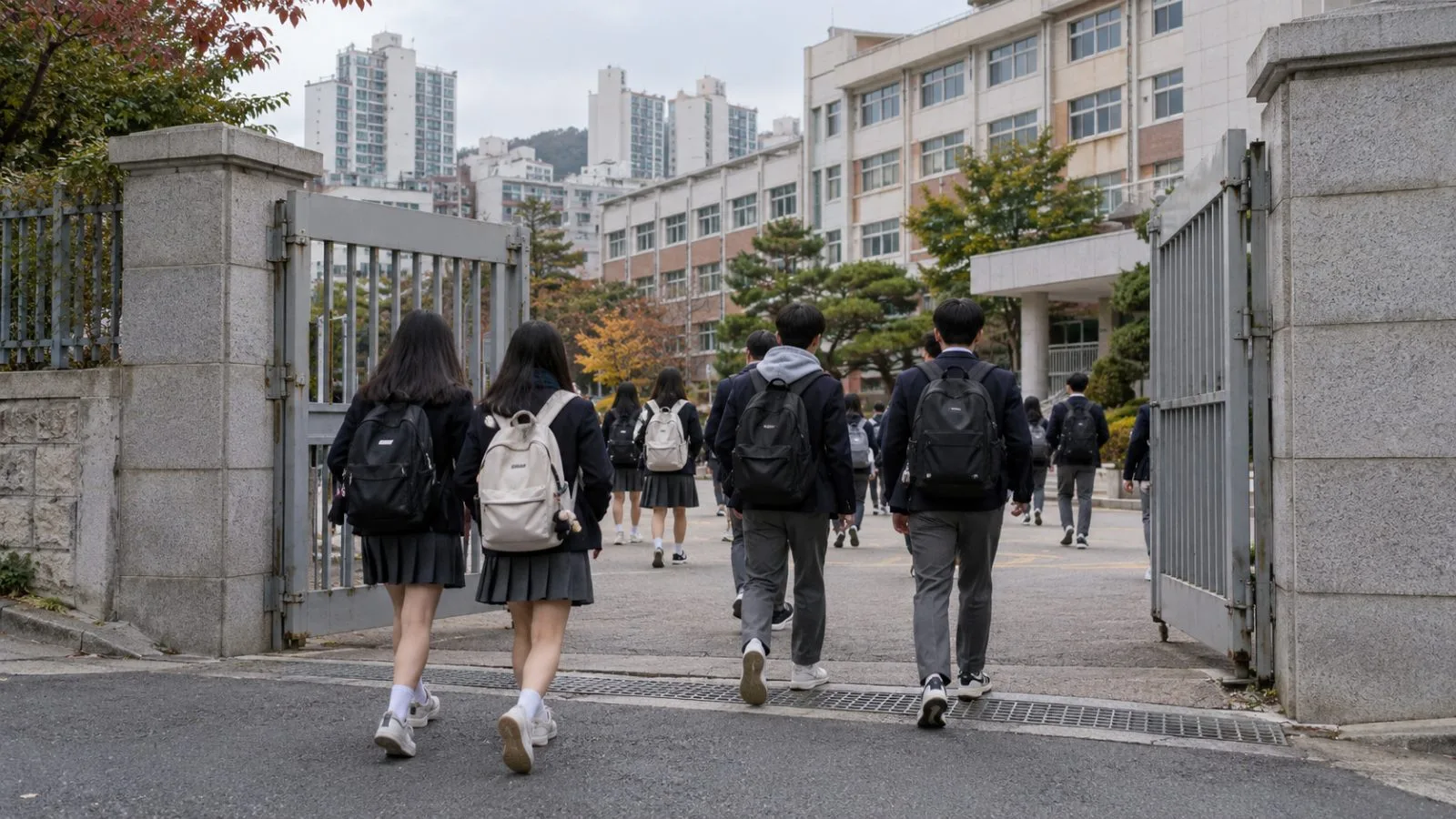 Students leave a secondary school in Seoul on an overcast afternoon. (AI-generated image / EconoTimes)