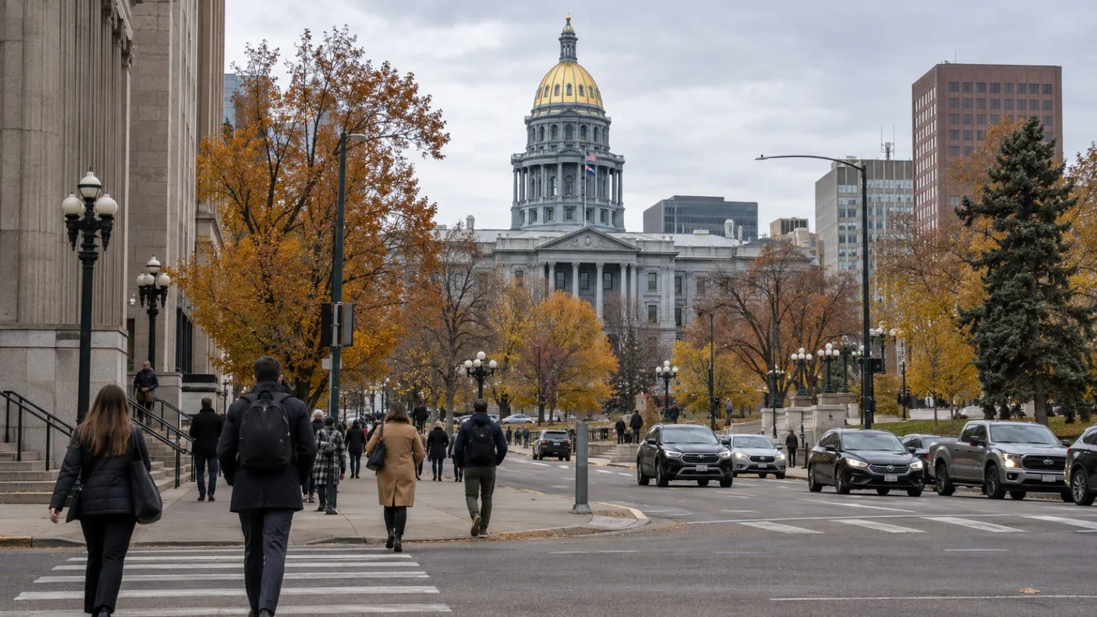 Pedestrians cross Denver's civic district near the Colorado State Capitol on an overcast morning. (AI-generated image / EconoTimes)