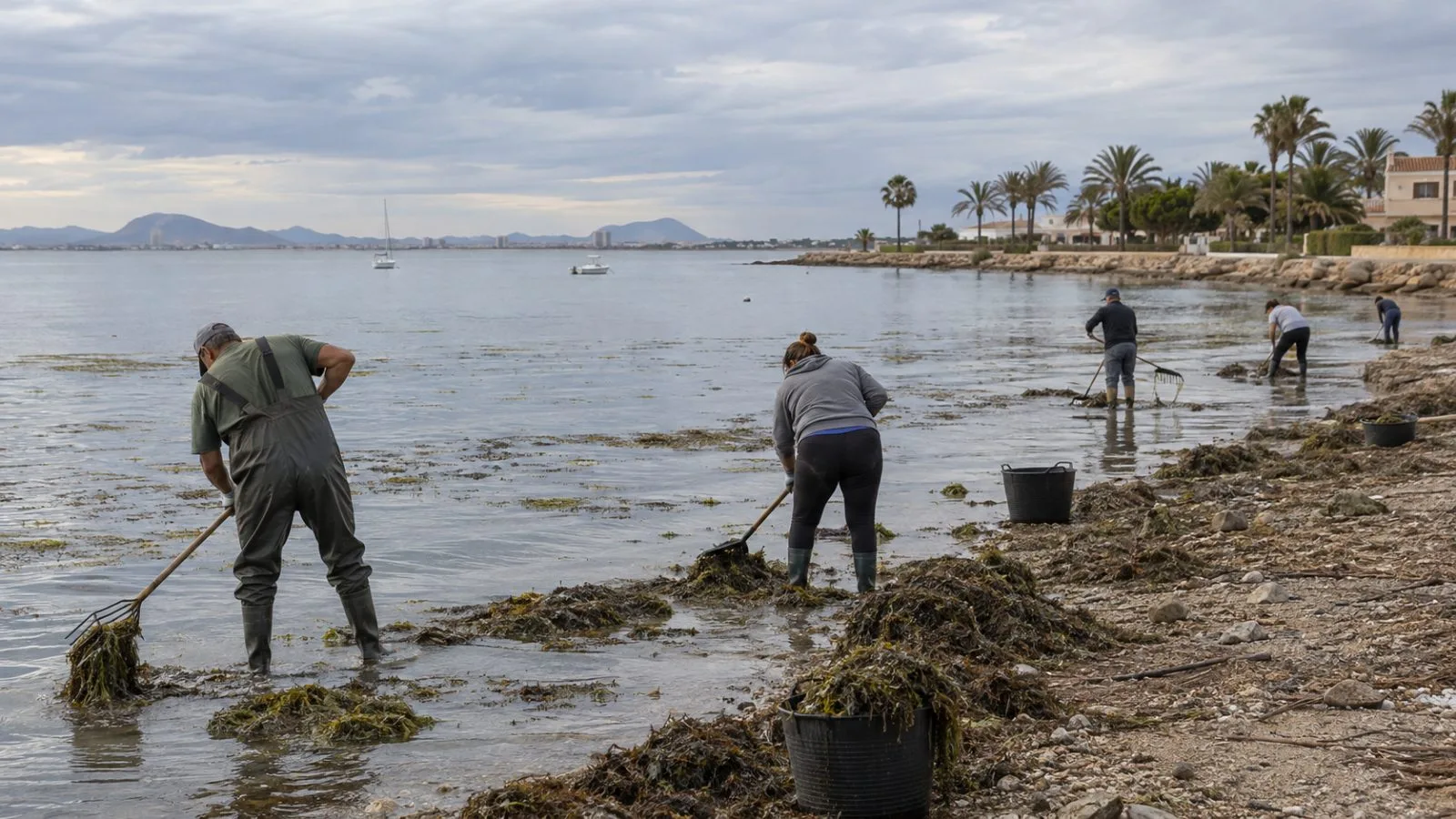 Cleanup workers gather stranded biomass along the Mar Menor shore in San Javier, Spain. (AI-generated image / EconoTimes)