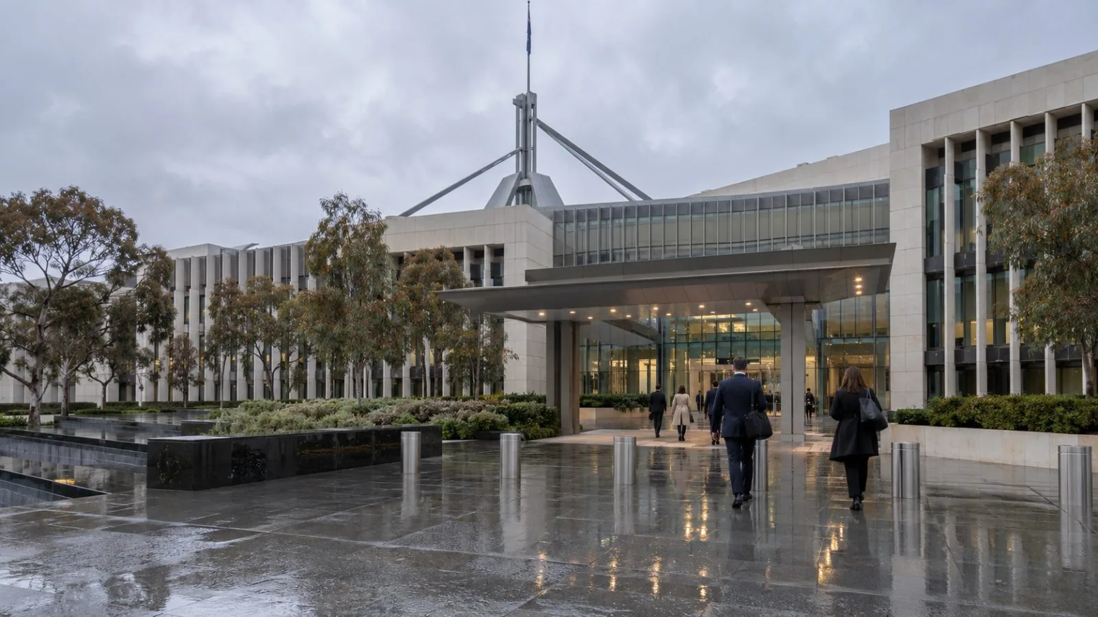 Staff enter Australia's Department of Foreign Affairs and Trade headquarters in Canberra on an overcast morning (AI-generated image / EconoTimes)
