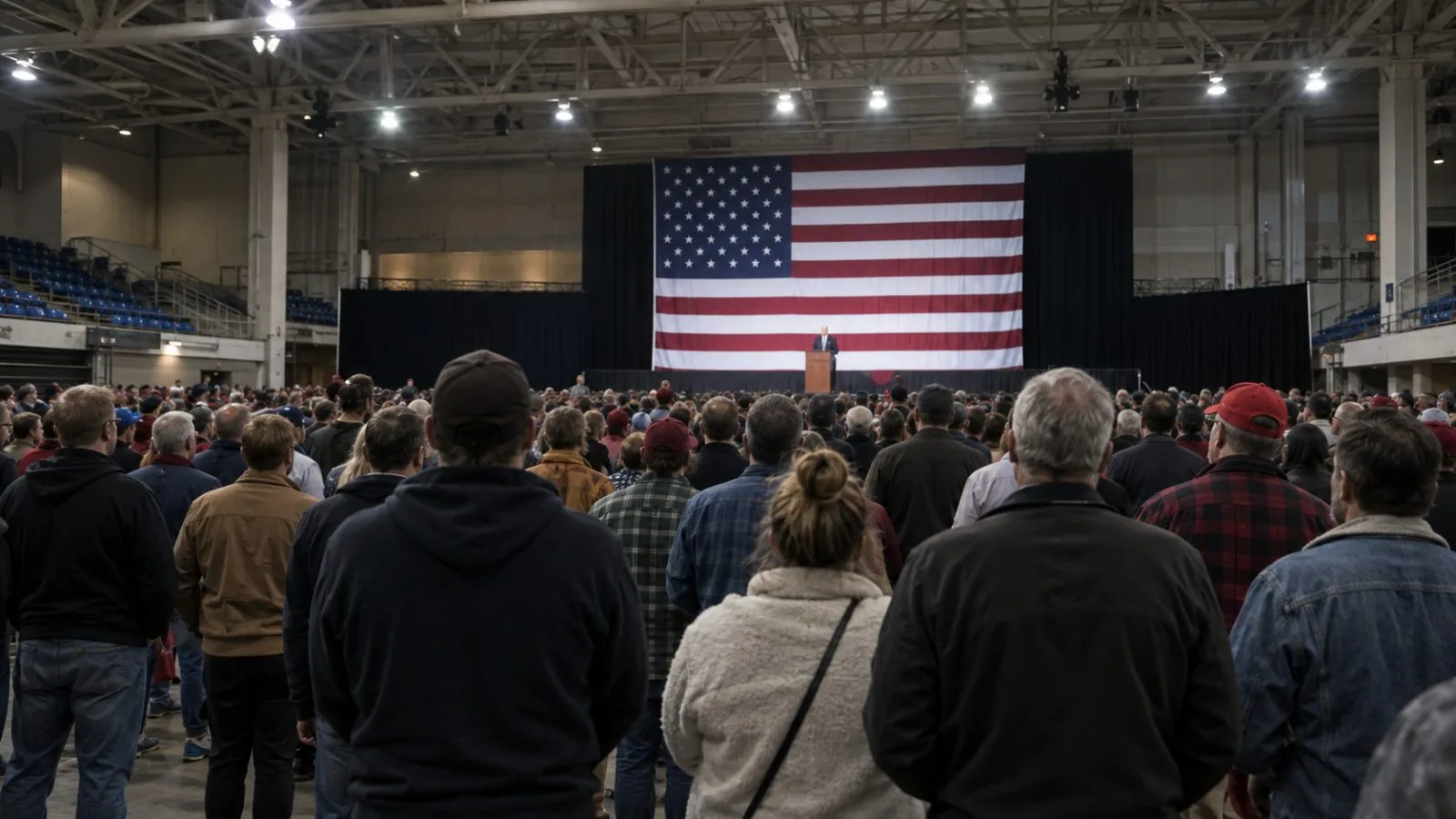Attendees face a campaign stage during an evening rally in Youngstown, Ohio. (AI-generated image / EconoTimes)