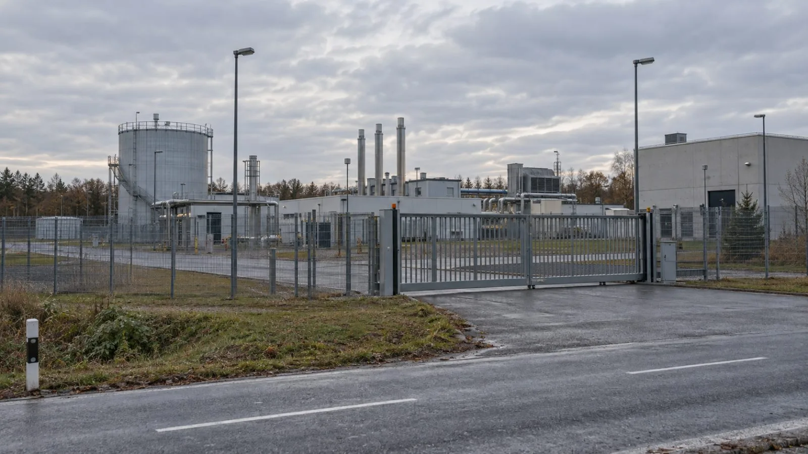 A fenced industrial facility stands on the outskirts of Nuremberg, Germany, beneath overcast skies. (AI-generated image / EconoTimes)