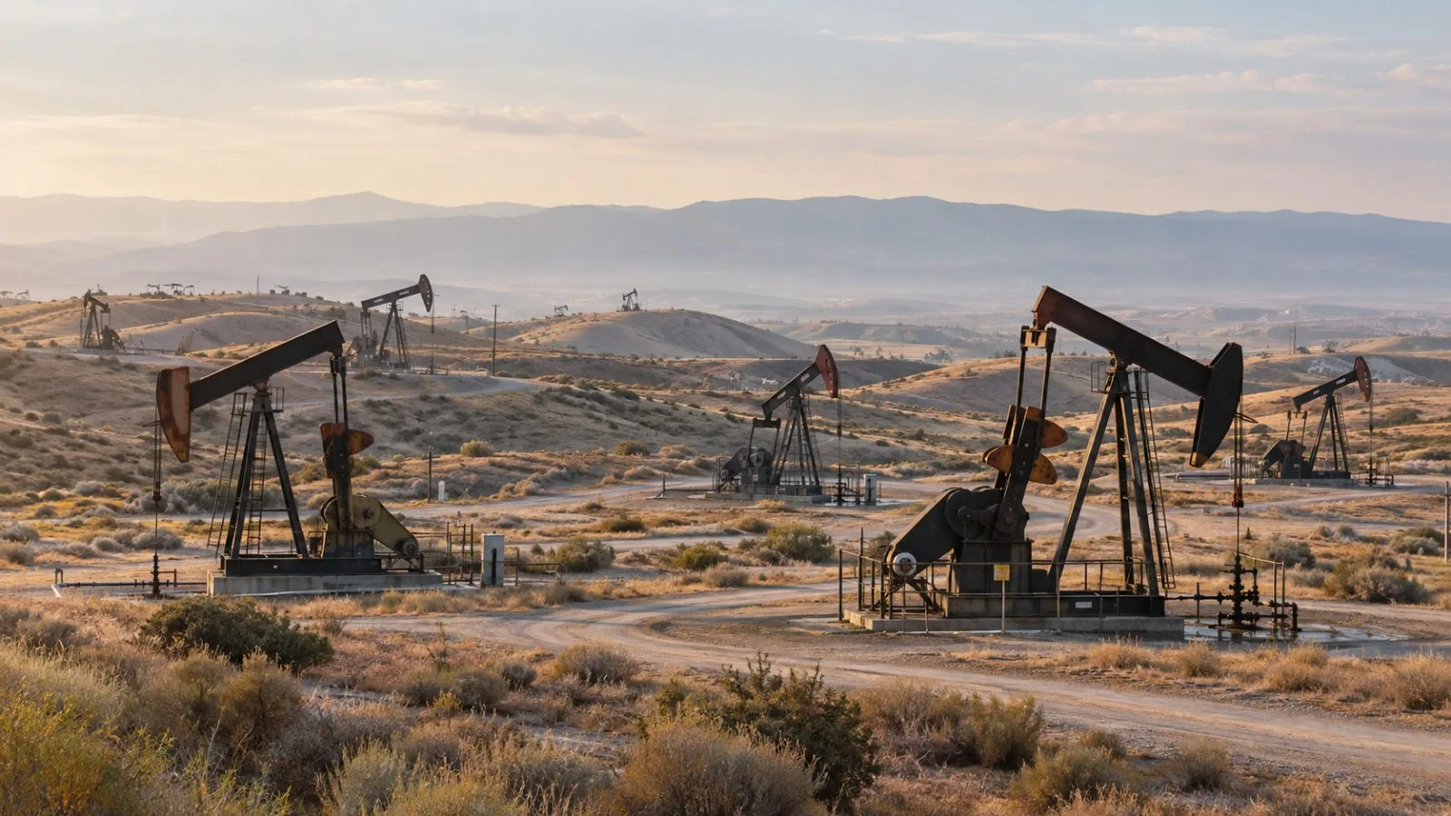 Oil pumpjacks operate across a field near Bakersfield, California. (AI-generated image / EconoTimes)