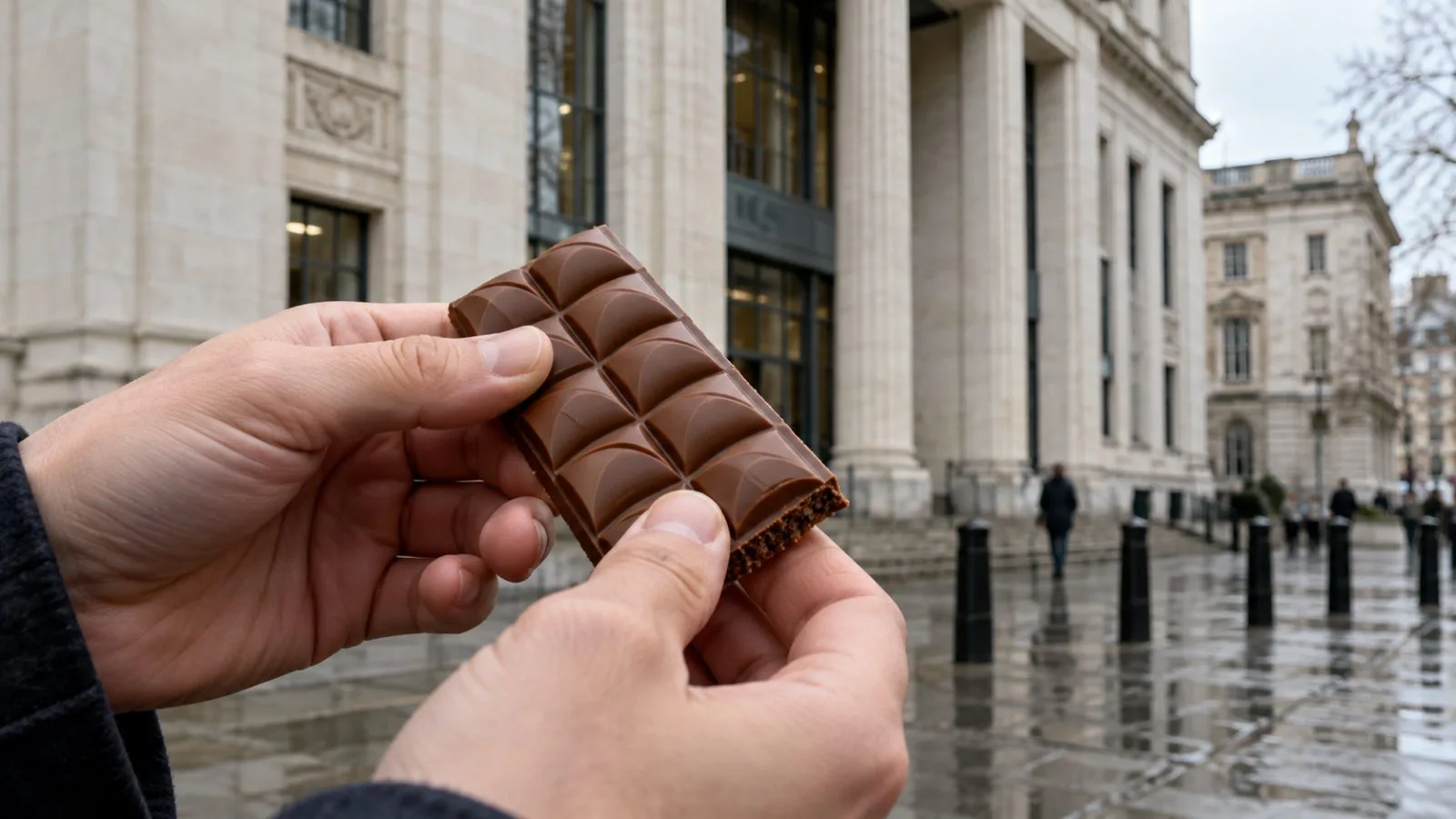 An unbranded segmented chocolate bar is held outside the Rolls Building in London. (AI-generated image / EconoTimes)