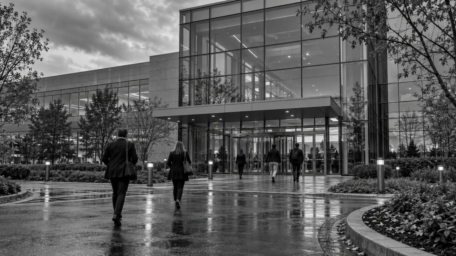 Employees enter the Dover Corporation headquarters on Highland Parkway in Downers Grove, Illinois. (AI-generated image / EconoTimes)