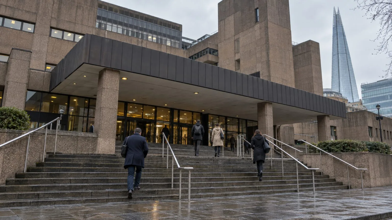 People enter Southwark Crown Court in London beneath an overcast sky. (AI-generated image / EconoTimes)