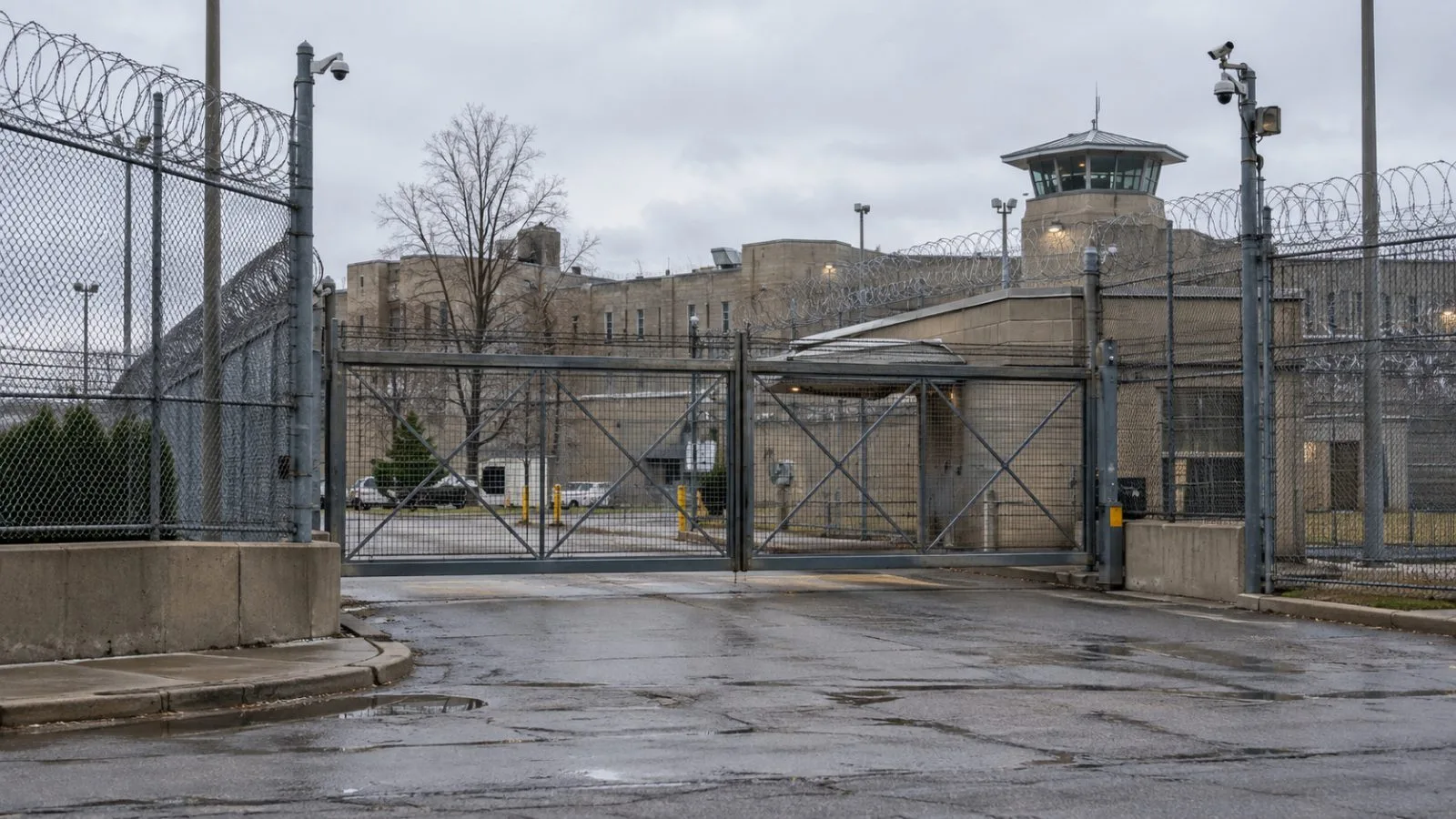 A closed prison gate and security fencing stand under gray skies in Nashville, Tennessee. (AI-generated image / EconoTimes)