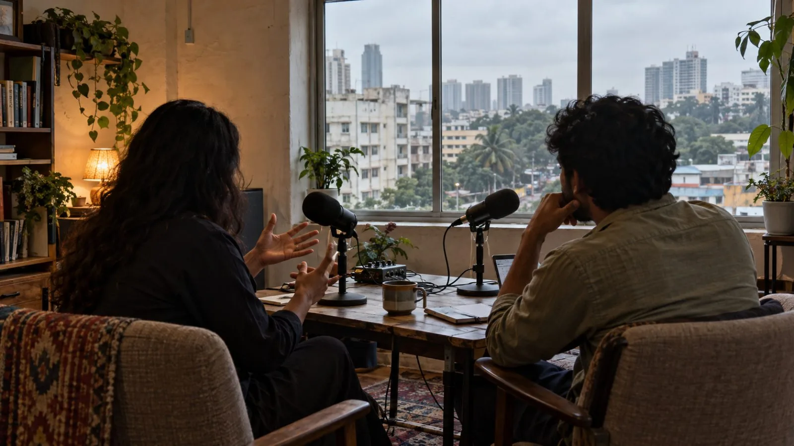 Two guests record a podcast in a Bengaluru studio under soft window light. (AI-generated image / EconoTimes)
