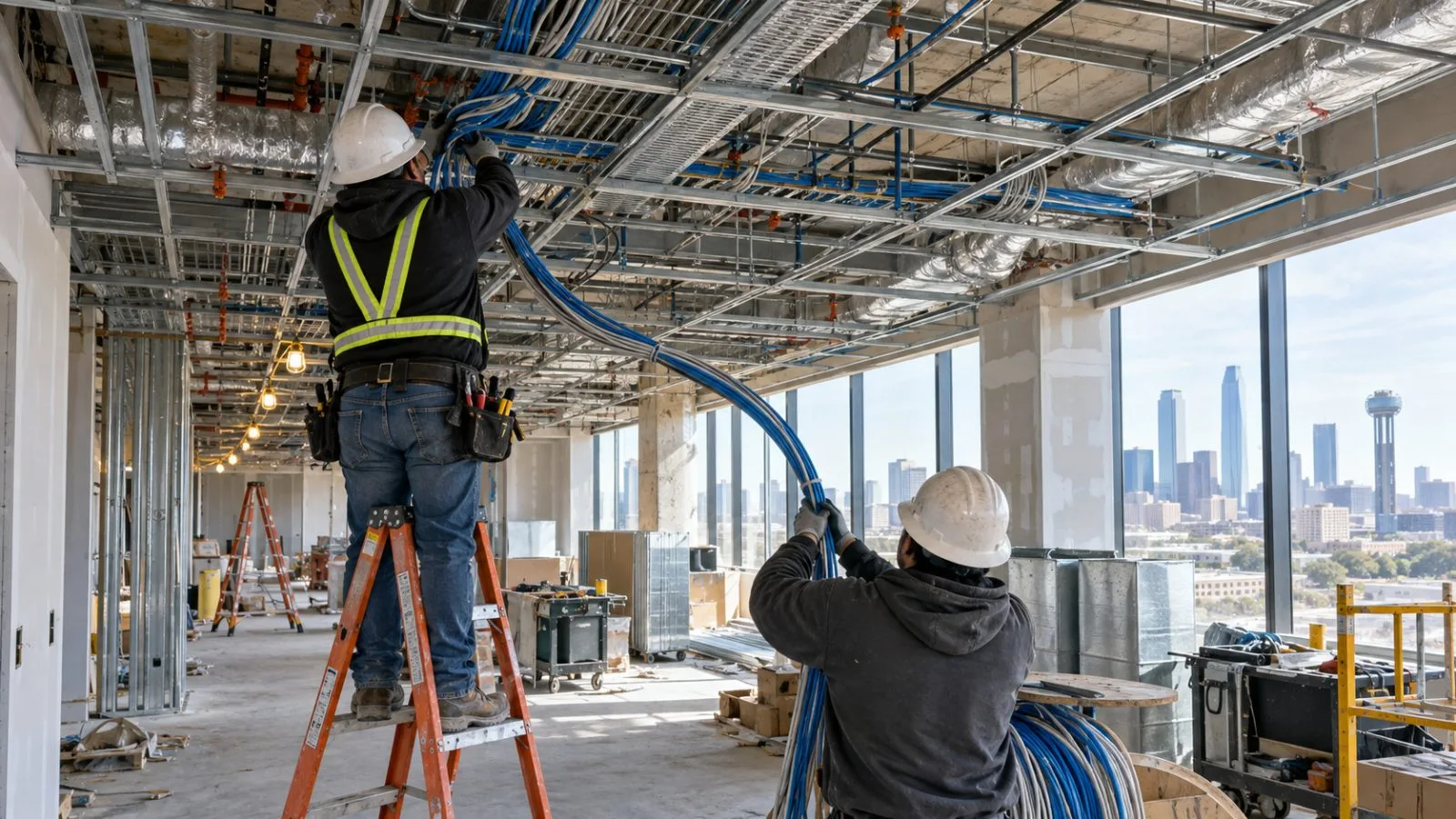 Workers route cabling through a hotel under construction in Dallas, Texas (AI-generated image / EconoTimes)