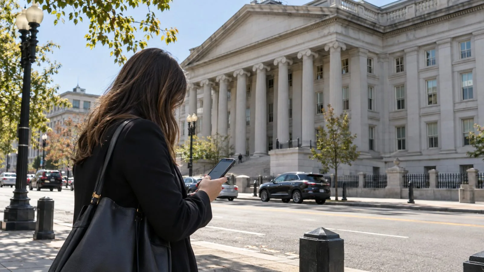 A passerby checks a phone outside the U.S. Treasury Department in Washington, D.C. (AI-generated image / EconoTimes)