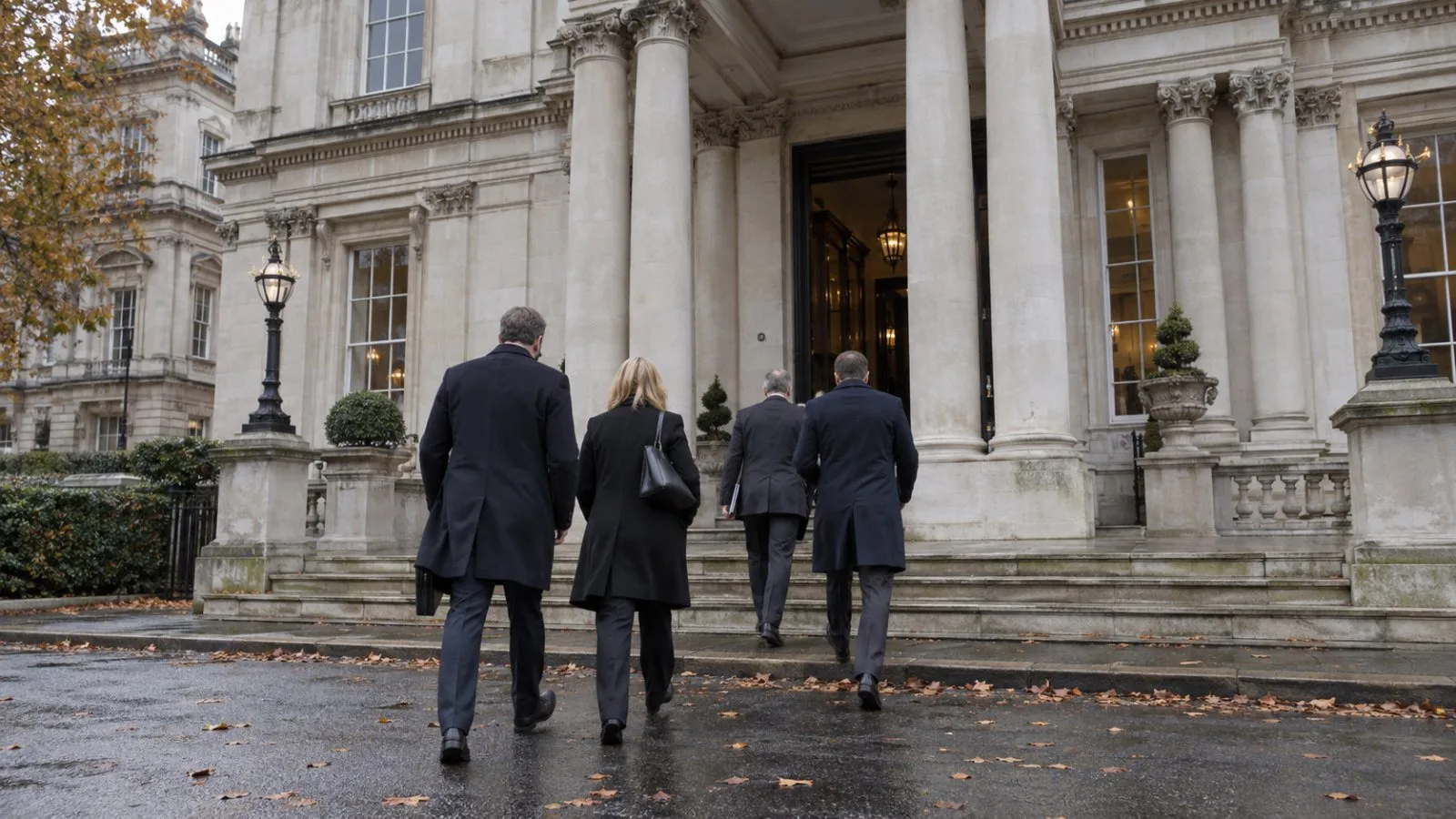 Officials arrive at Lancaster House in London for UK-Germany defense cooperation talks. (AI-generated image / EconoTimes)