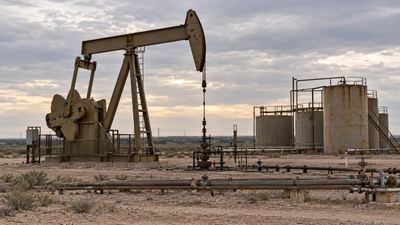 Pumpjacks operate beside storage tanks in the Permian Basin near Odessa, Texas. (AI-generated image / EconoTimes)