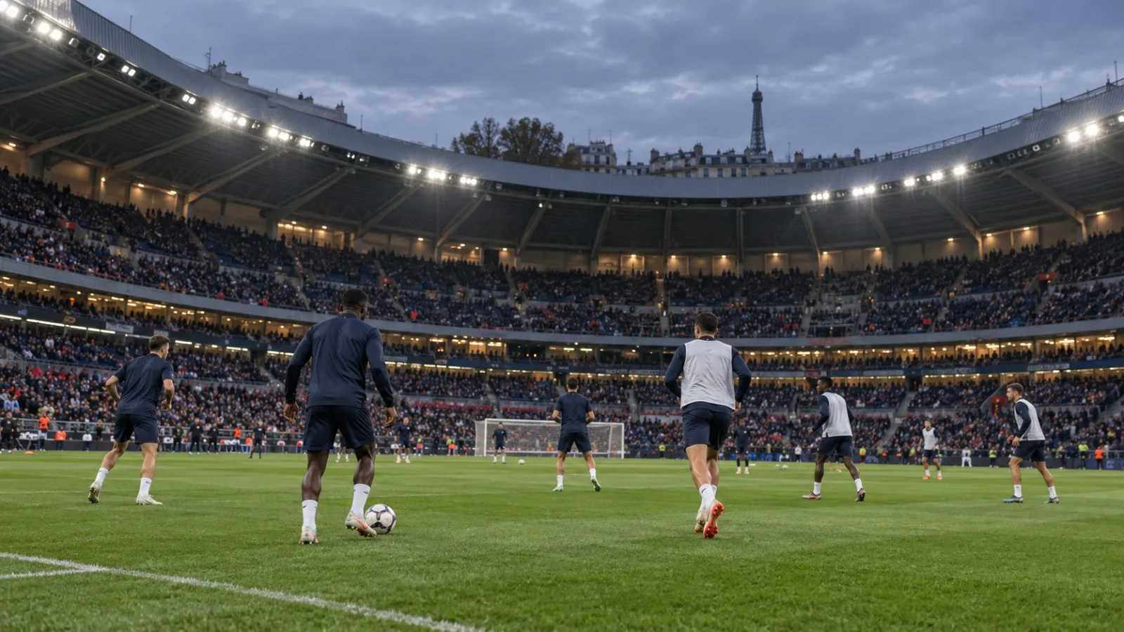 Footballers warm up beneath floodlights at Parc des Princes in Paris. (AI-generated image / EconoTimes)