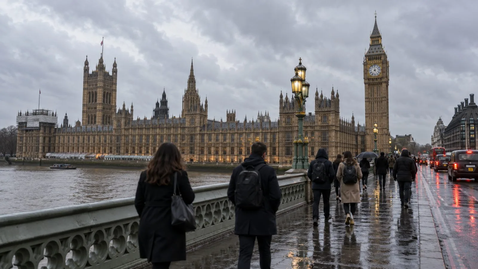 Pedestrians cross a wet Westminster street beside the Palace of Westminster in London. (AI-generated image / EconoTimes)