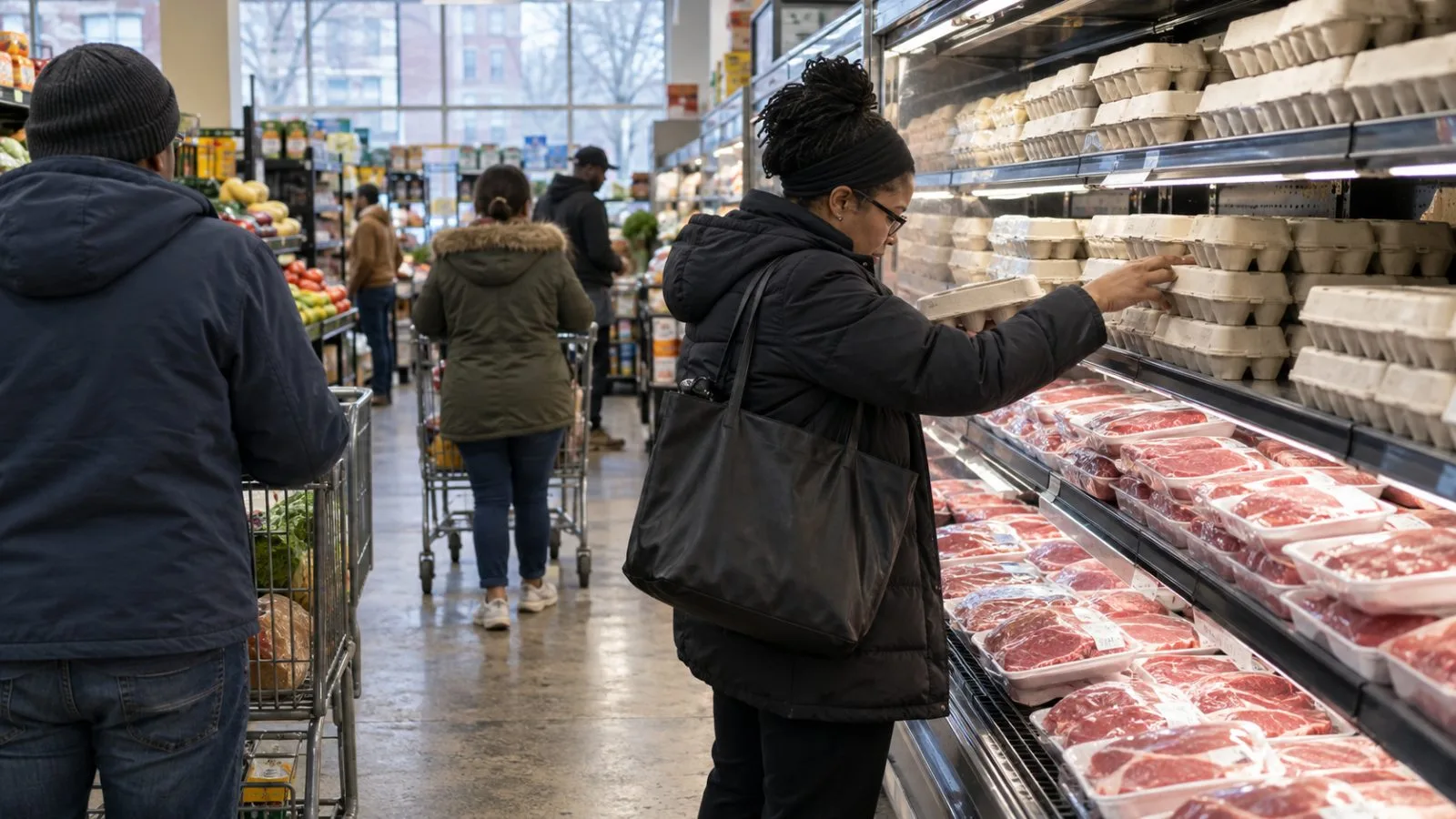 Shoppers examine eggs and packaged beef at a grocery store in Washington, D.C. (AI-generated image / EconoTimes)