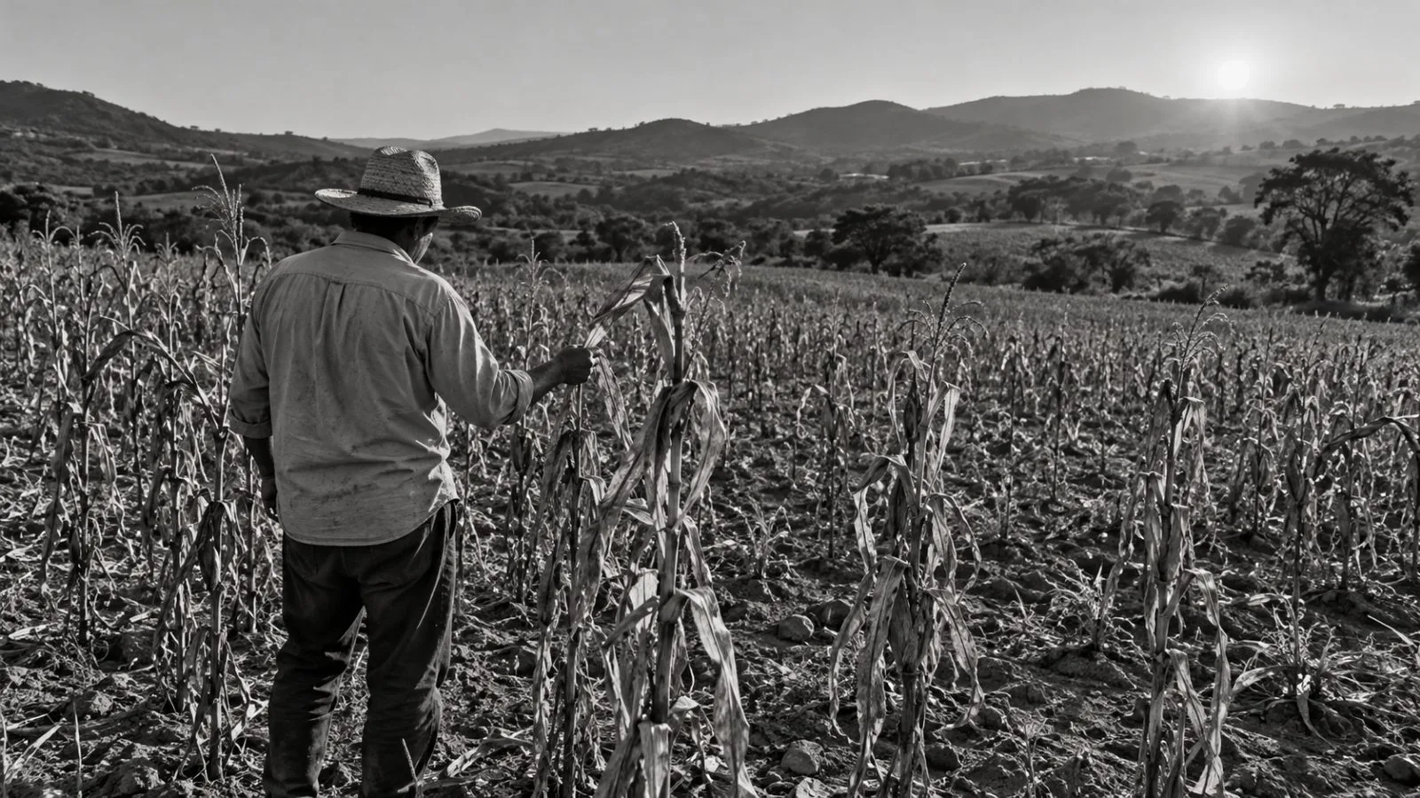 A farmer examines browning maize stalks near Sensuntepeque, El Salvador. (AI-generated image / EconoTimes)