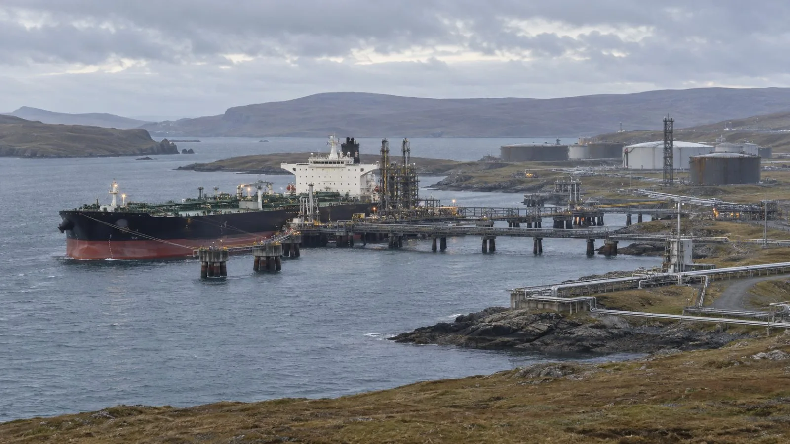 A crude tanker sits beside loading infrastructure at Sullom Voe Terminal in Shetland, Scotland (AI-generated image / EconoTimes)