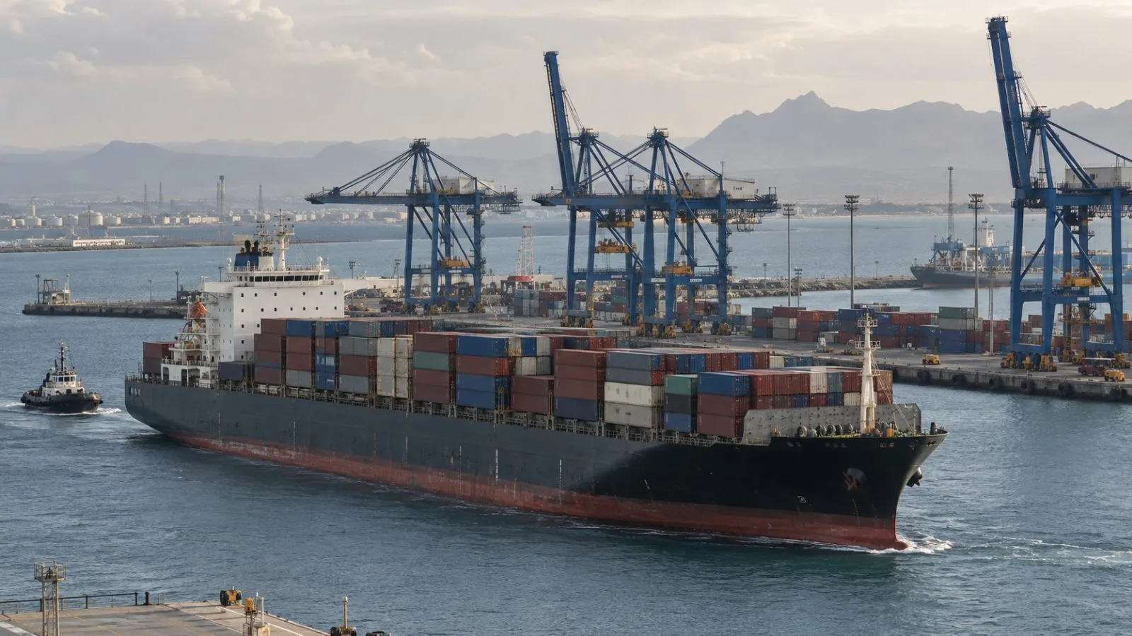 A container ship passes quay cranes at the Port of Djibouti on the Gulf of Aden. (AI-generated image / EconoTimes)