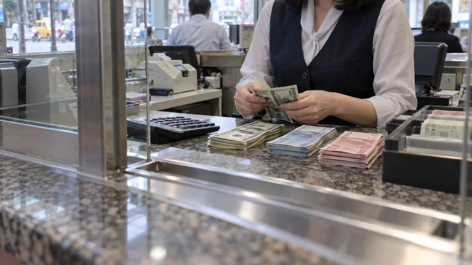 An employee counts banknotes at a currency exchange counter in Taipei, Taiwan. (AI-generated image / EconoTimes)