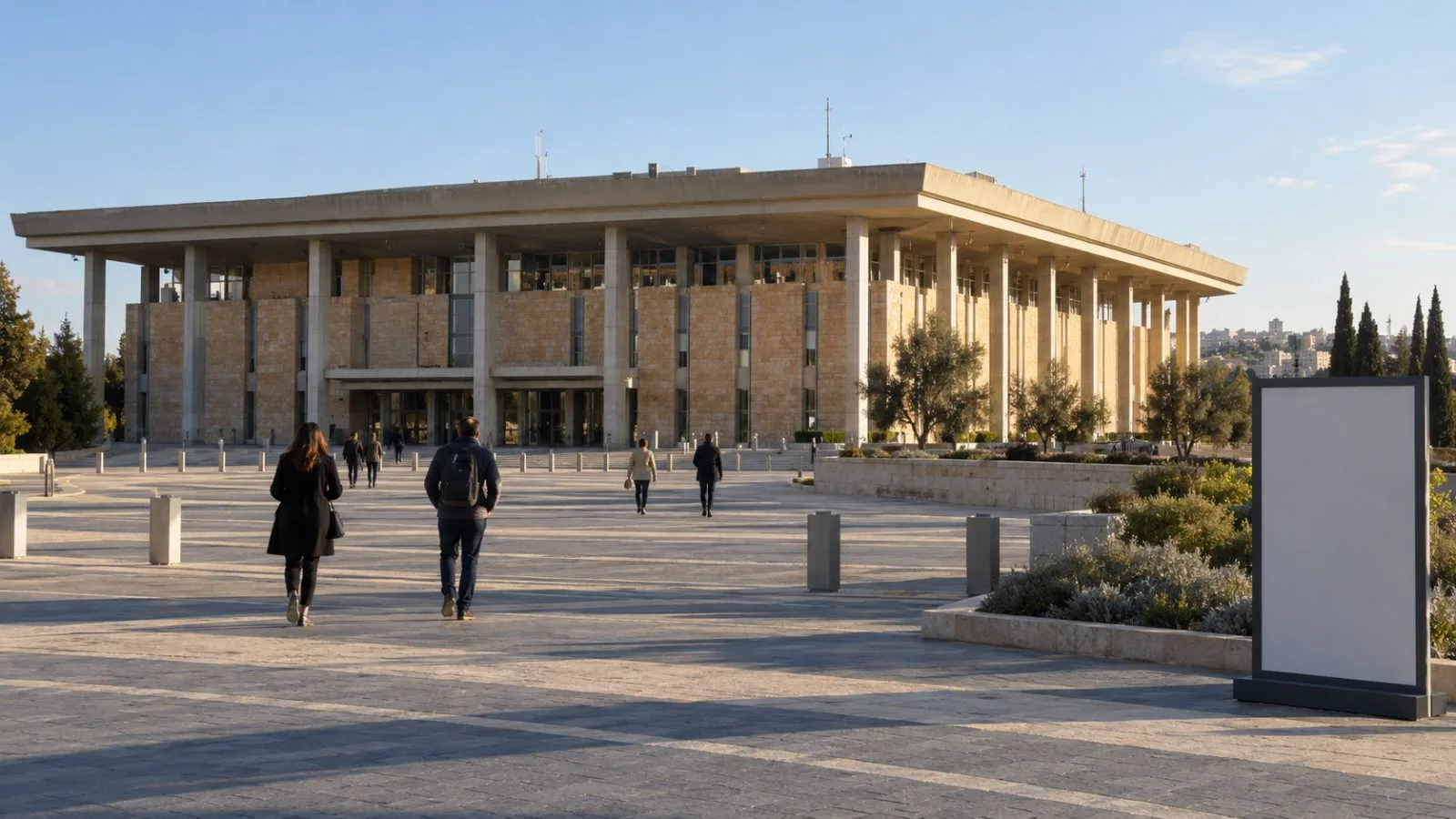 The Israeli Knesset stands above Jerusalem as pedestrians cross its plaza in late afternoon light. (AI-generated image / EconoTimes)