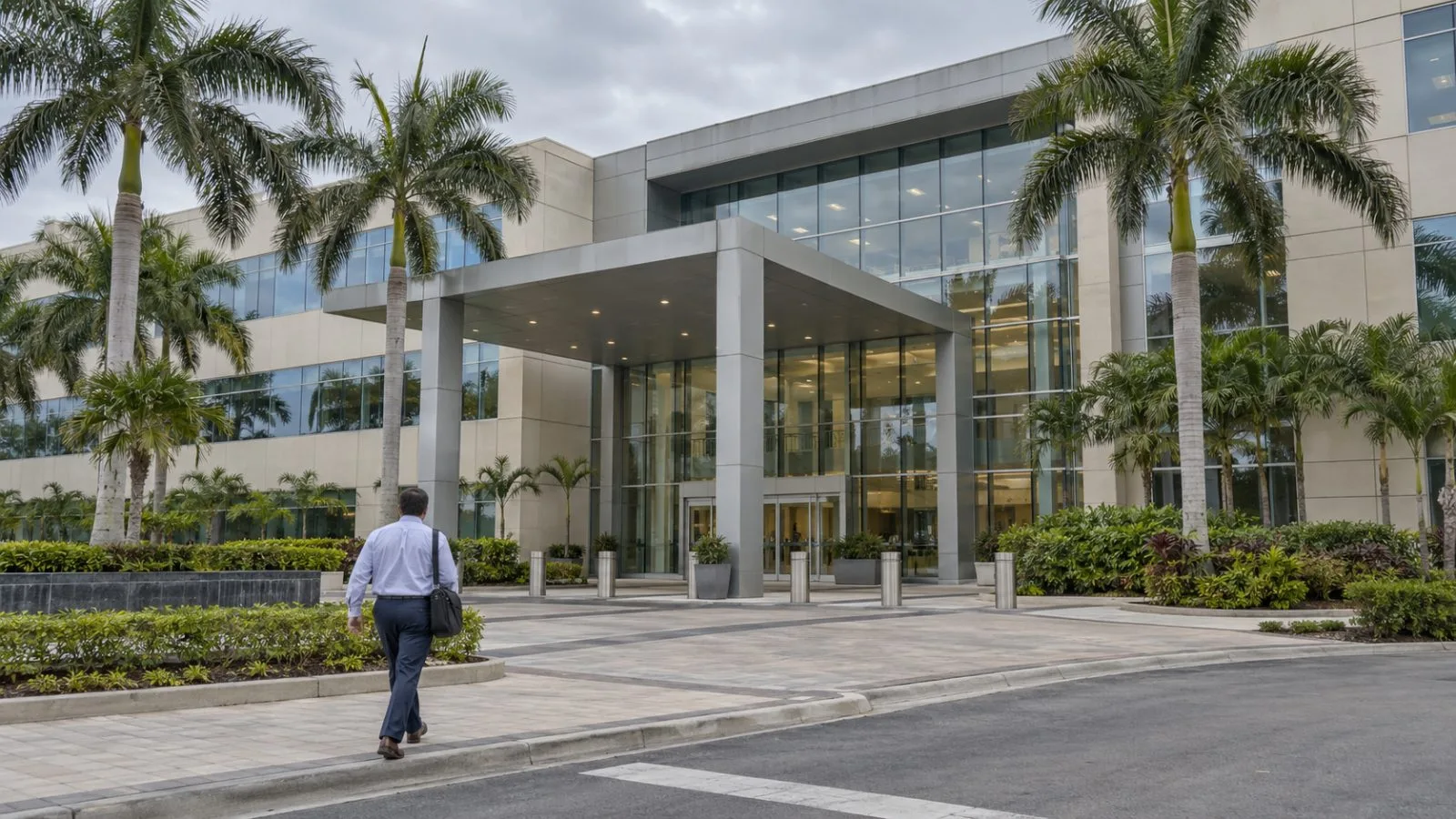 A pedestrian passes the U.S. Century Bank headquarters building in Doral, Florida. (AI-generated image / EconoTimes)