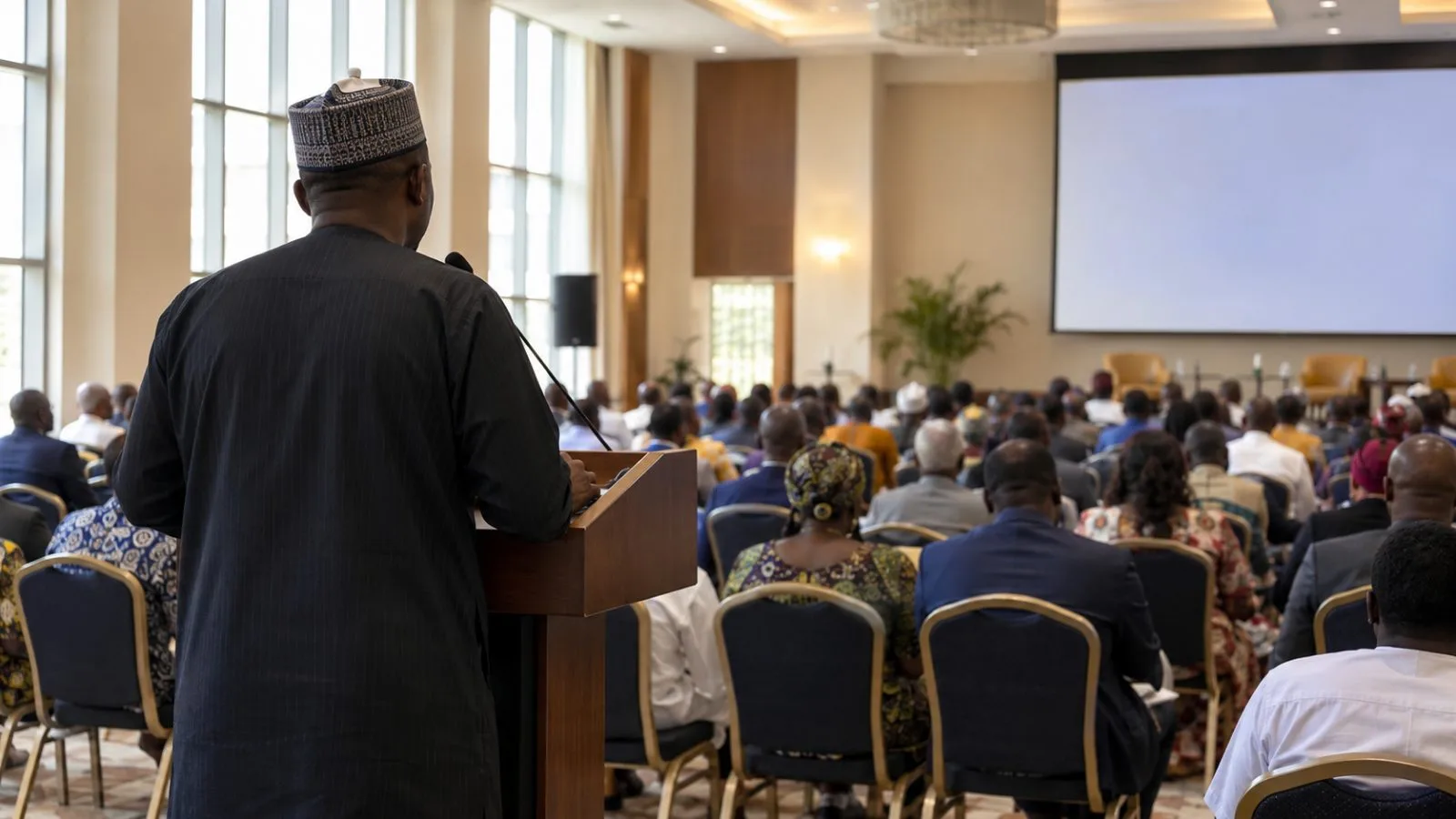 Attendees listen during an artificial intelligence conference in Abuja, Nigeria. (AI-generated image / EconoTimes)