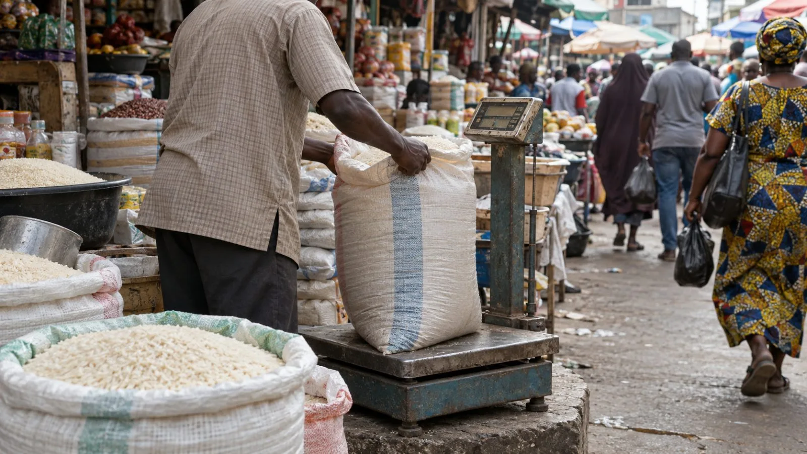 Shoppers move past a rice seller at Wuse Market in Abuja, Nigeria. (AI-generated image / EconoTimes)